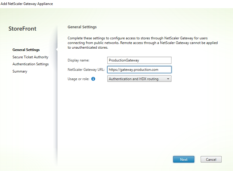 Screenshot of Add Citrix Gateway Appliance window, General Settings section