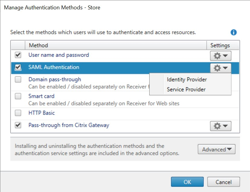 Screenshot of SAML settings menu
