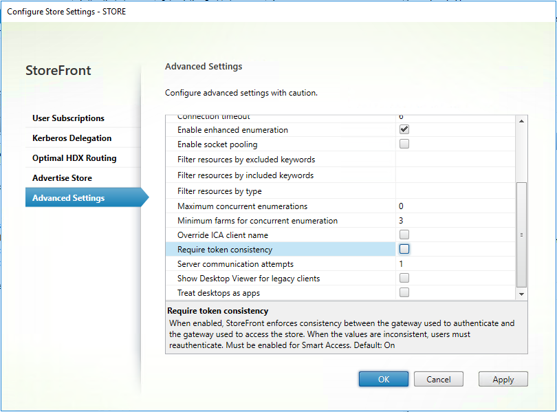 Screenshot of advanced settings require token consistency setting