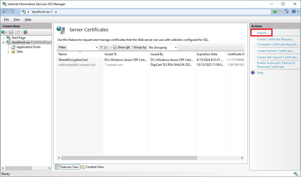 IIS 管理服务器证书的屏幕截图，突出显示单击导入的位置