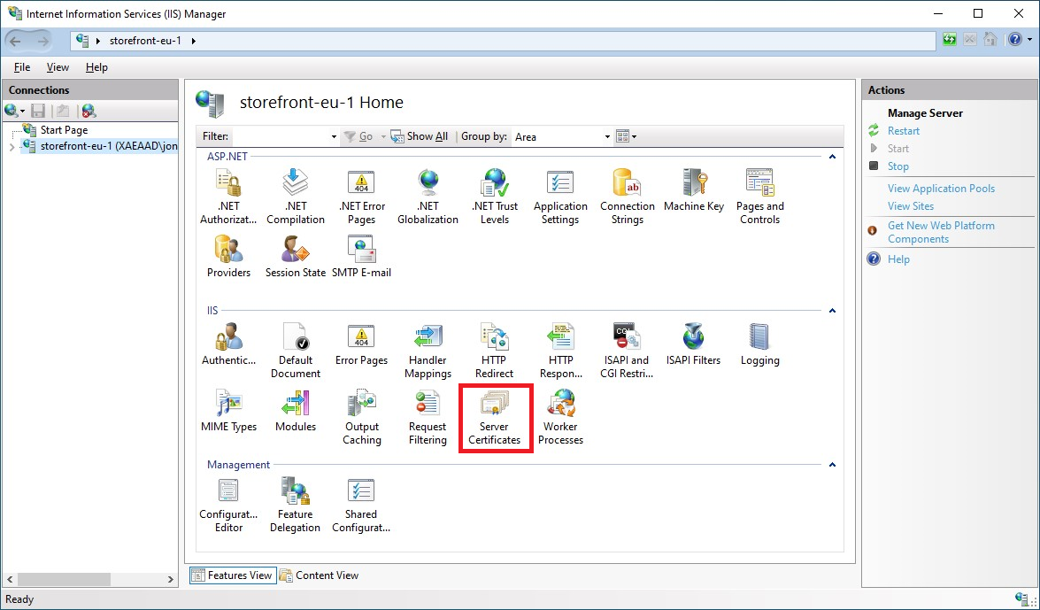 Captura de pantalla de la consola de Administración de IIS en la que se indica dónde hacer clic en Certificados de servidor