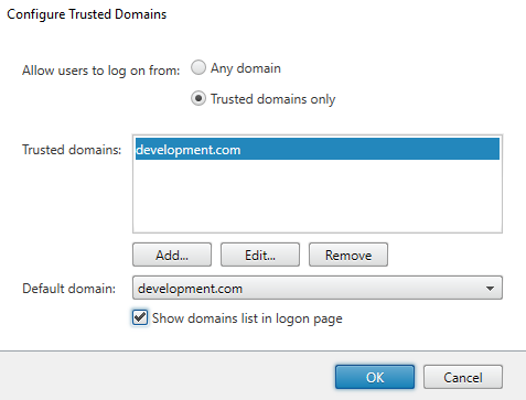 Captura de pantalla de la ventana Configurar dominios de confianza