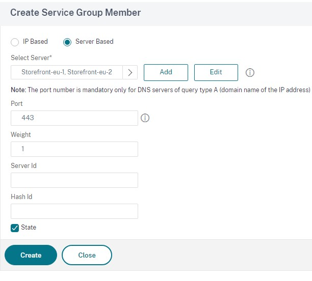 Captura de pantalla de la página Create Service Group Member