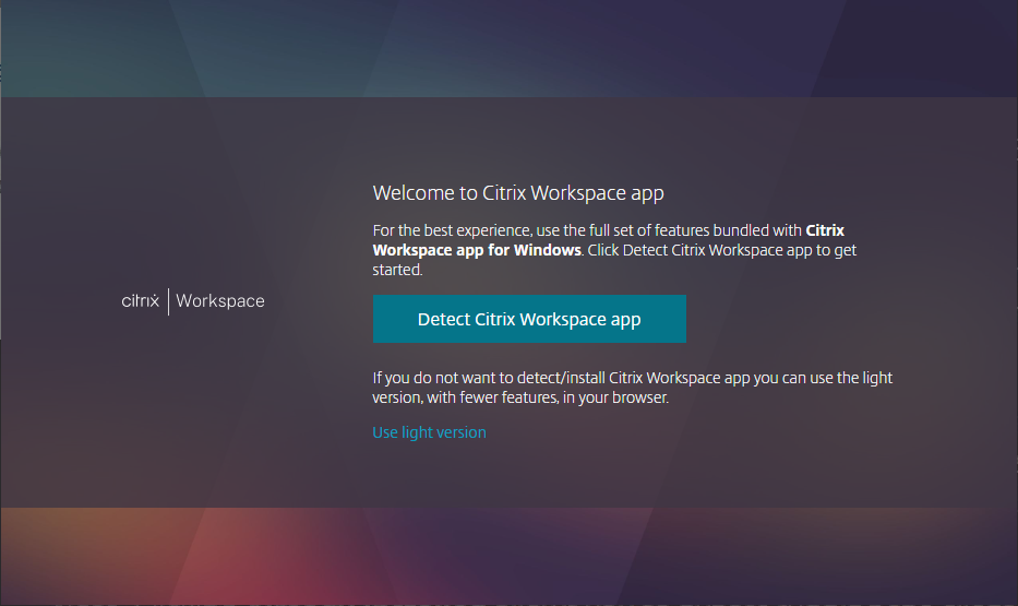Captura de pantalla de la pantalla de bienvenida a la aplicación Citrix Workspace