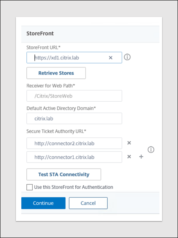 StoreFront Details eingeben und STA testen