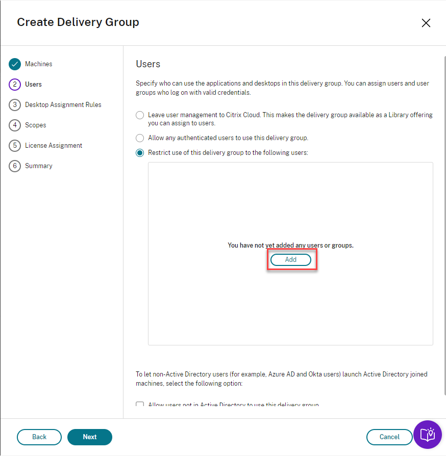 Citrix Virtual Desktops service - Restrict Delivery group to specific users