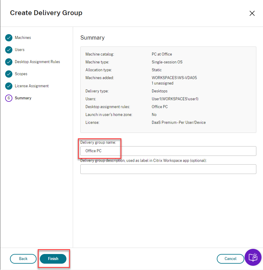 Citrix Virtual Desktops service - Enter Delivery Group name and start creation
