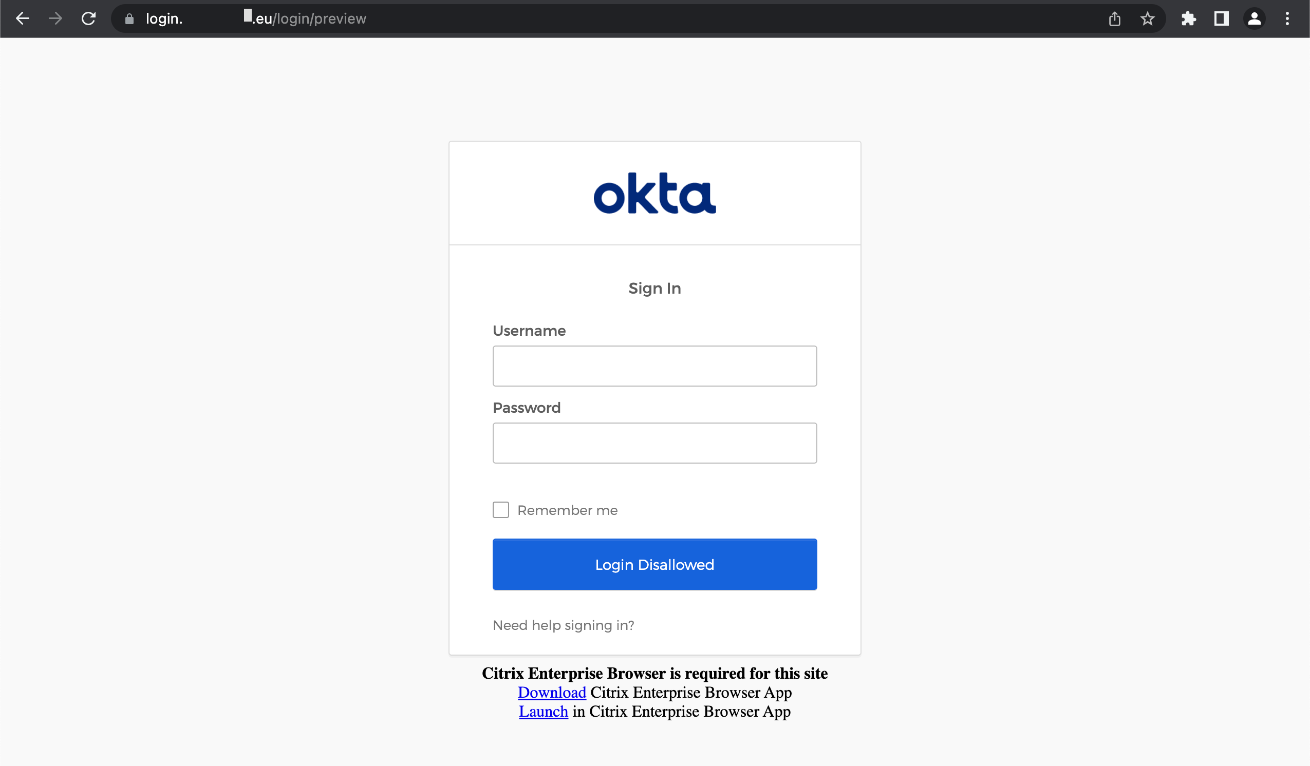 Use Case 3a Okta custom domain SignInPage deny