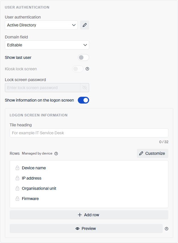Logon screen information settings in the User authentication section