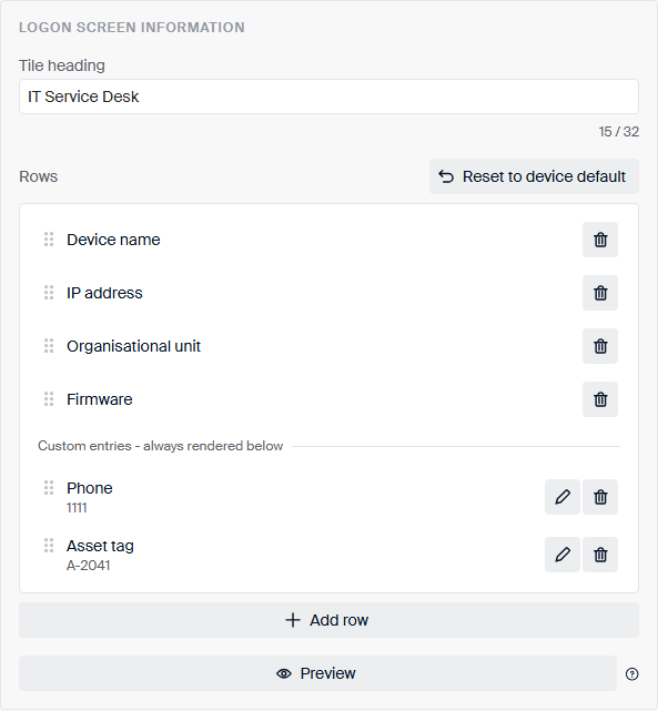 Logon screen information with a heading, four device fields, and two custom entries