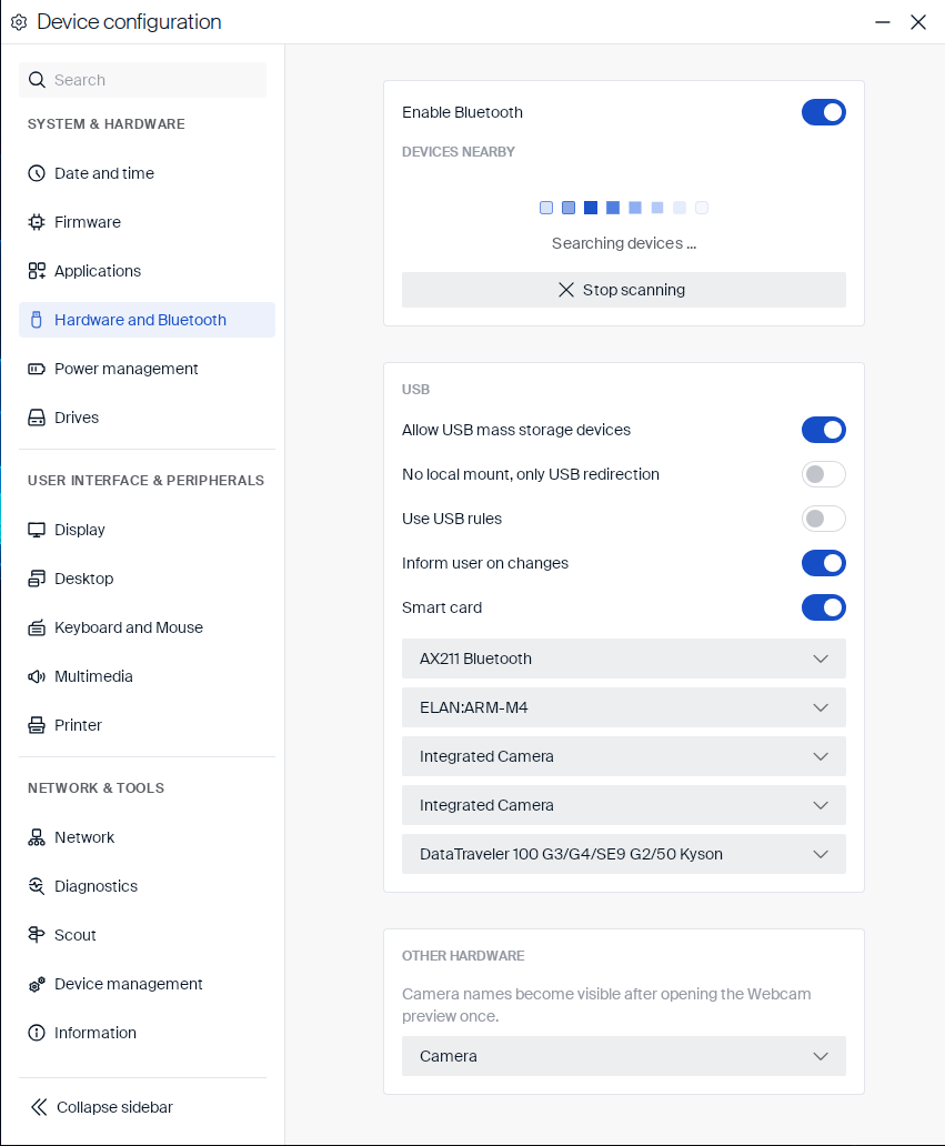 Hardware and Bluetooth settings