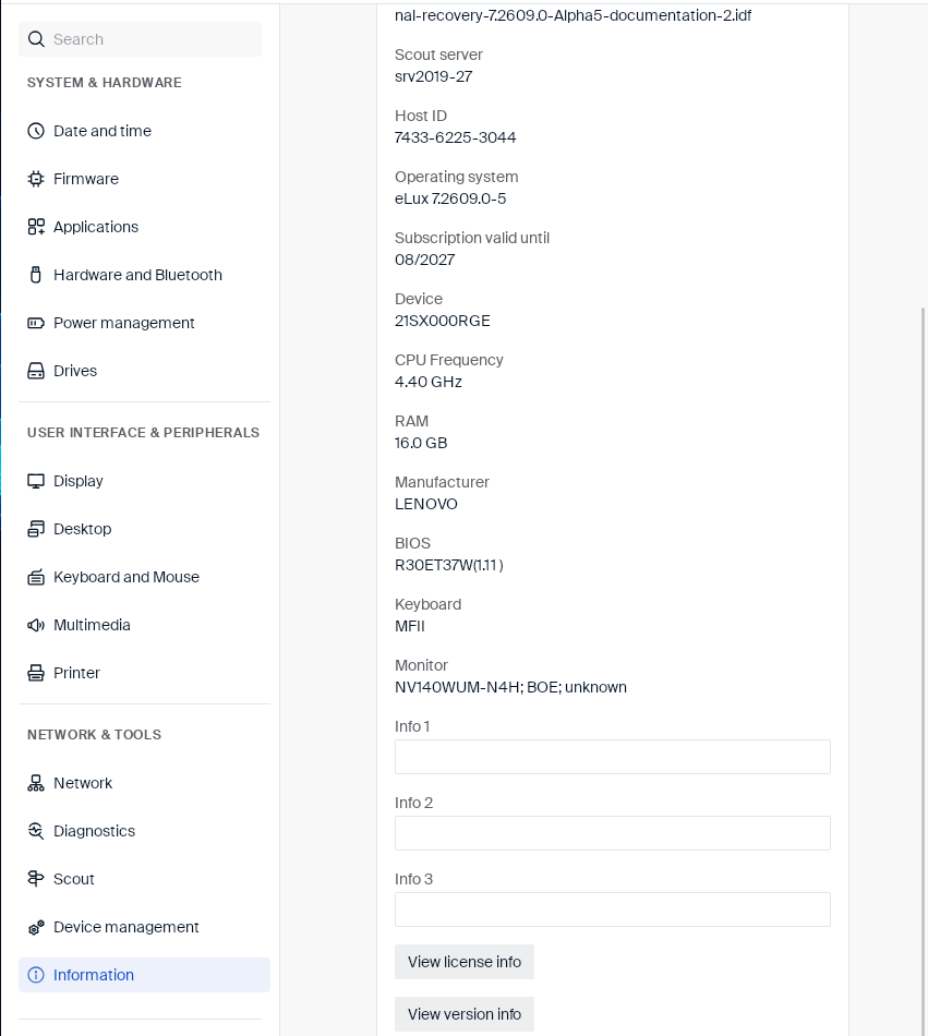 Information — Info fields and license/version buttons