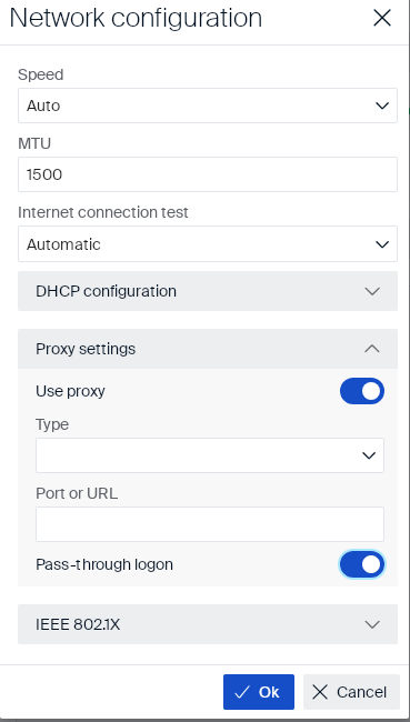 Proxy settings section, Pass-through logon disabled