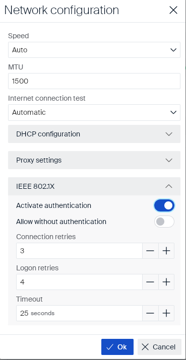 IEEE 802.1X section, Activate authentication enabled