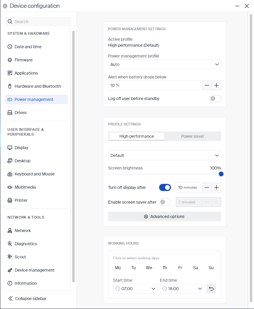 Power management settings