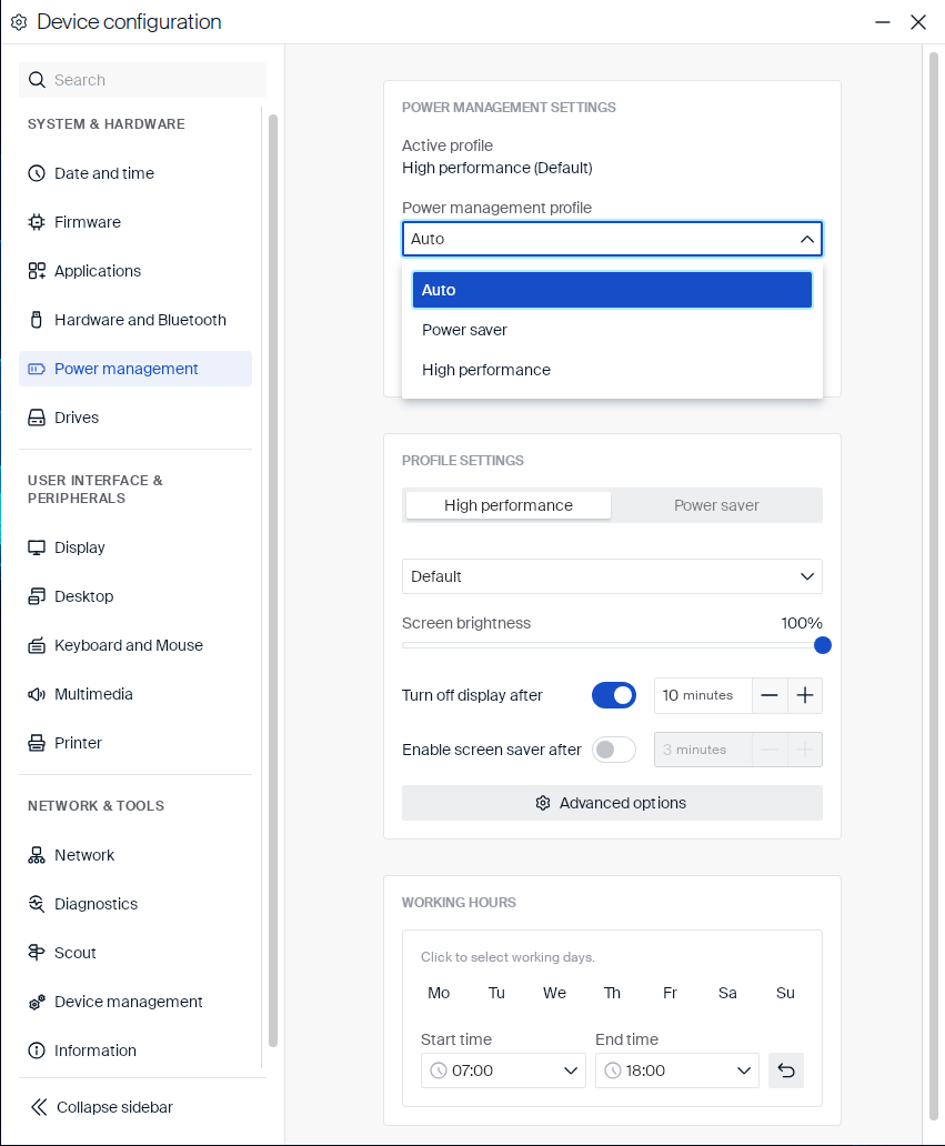 Power management profile dropdown open