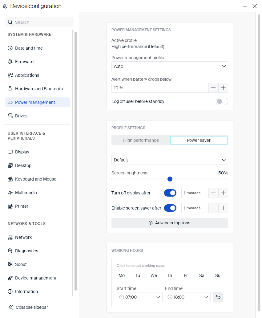Power saver tab, Default preset