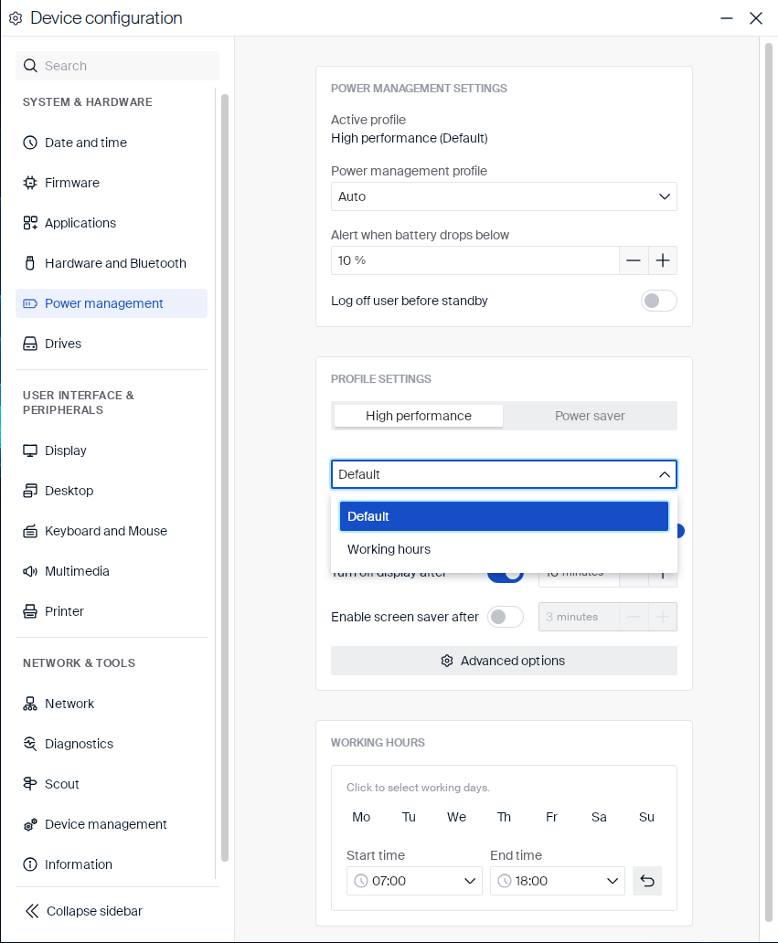Preset dropdown showing Default and Working hours