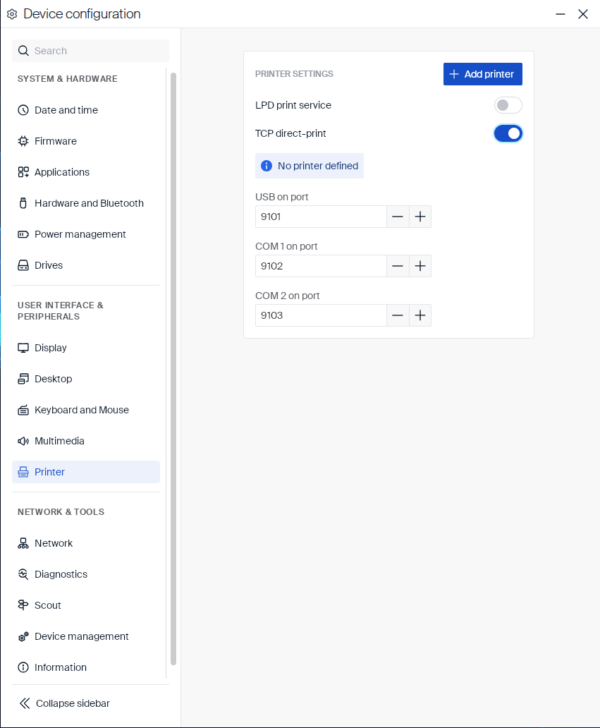 TCP direct-print port settings