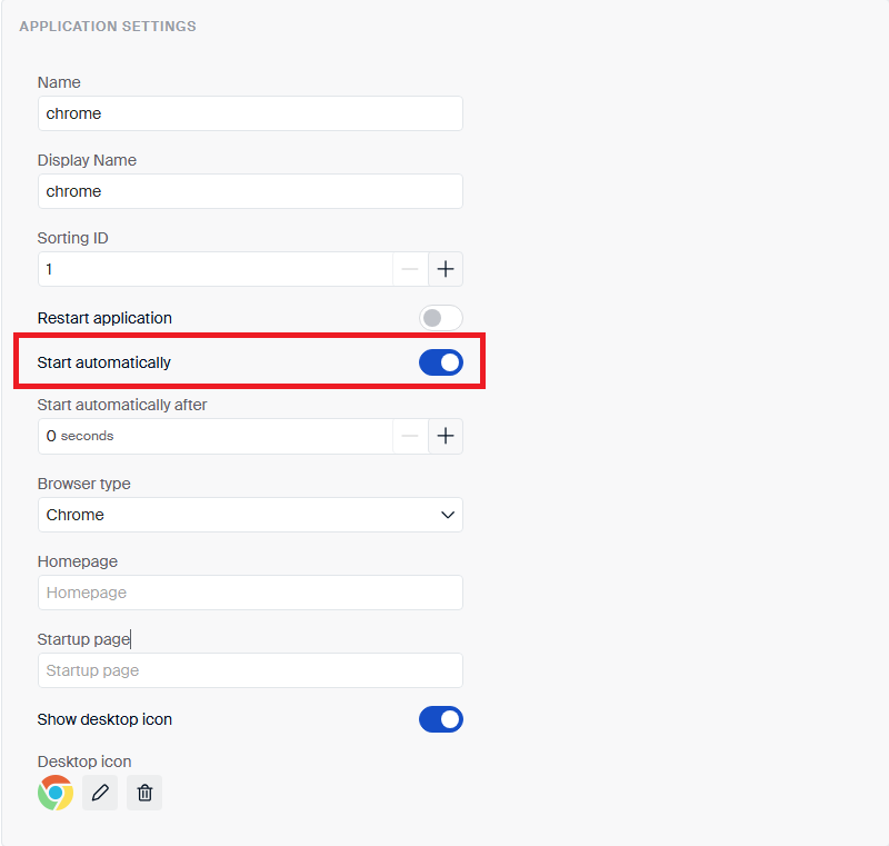 Scout Chrome application settings with Start automatically enabled