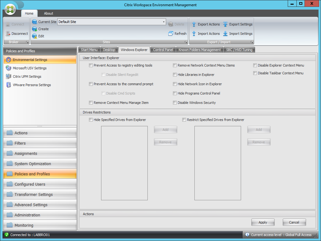 Environmental settings Windows explorer