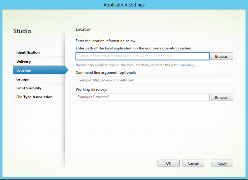 App setting перевод на русский. Application at location. Item identification settings. Citrix Studio site Test. Required application.