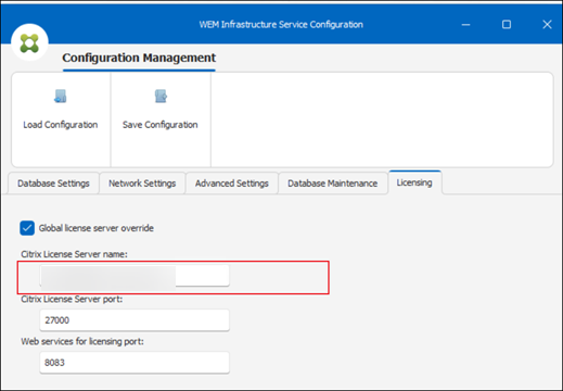 WEM Infrastructure Service Configuration utility, Licensing tab