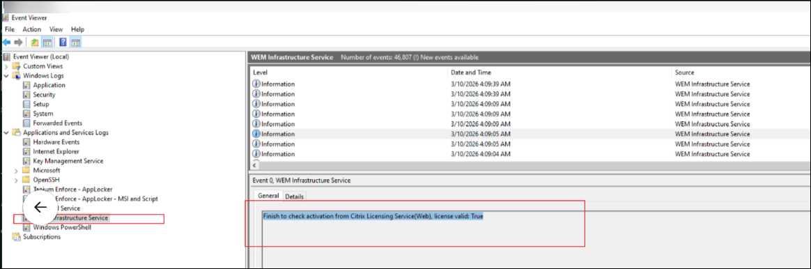 License activation log entry in Event Viewer