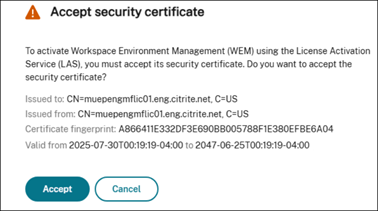Accept the license server certificate in the web console