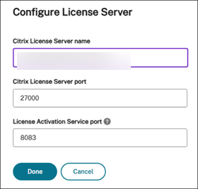 Web console license server configuration dialog box