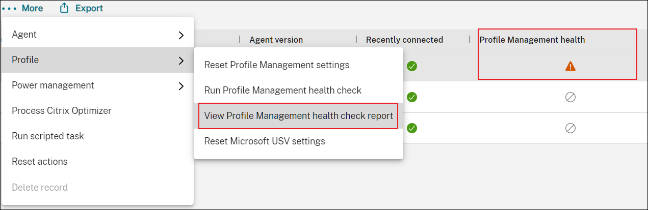 View Profile Management health check report