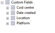 Un árbol con el nodo superior Custom Fields. Los subnodos expandibles son campos definidos por el usuario.