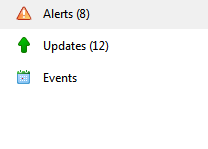 The categories of notification that are listed in the upper left pane. The categories are: Alerts, Updates, Events. Each category has a number in parentheses next to it to indicate how many of that type of notification exist.