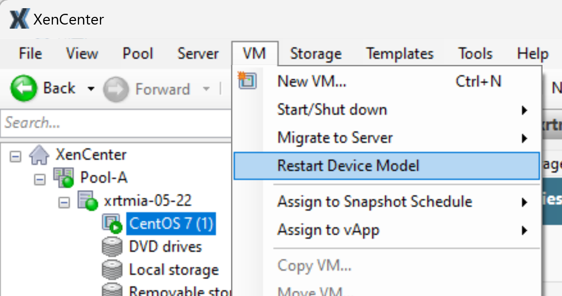Restart device model option in VM menu
