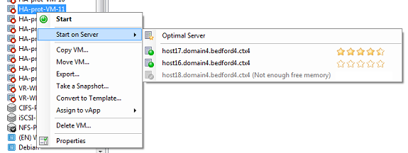 The right-click menu for a VM. The Start on Server submenu is selected. In this submenu, hosts are listed with star ratings out of 5 next to the host name.