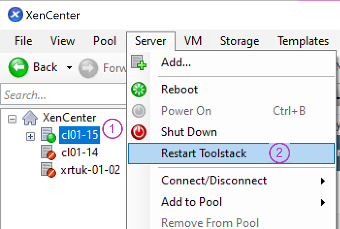 Toolstack-Option im Server-Menü neu starten