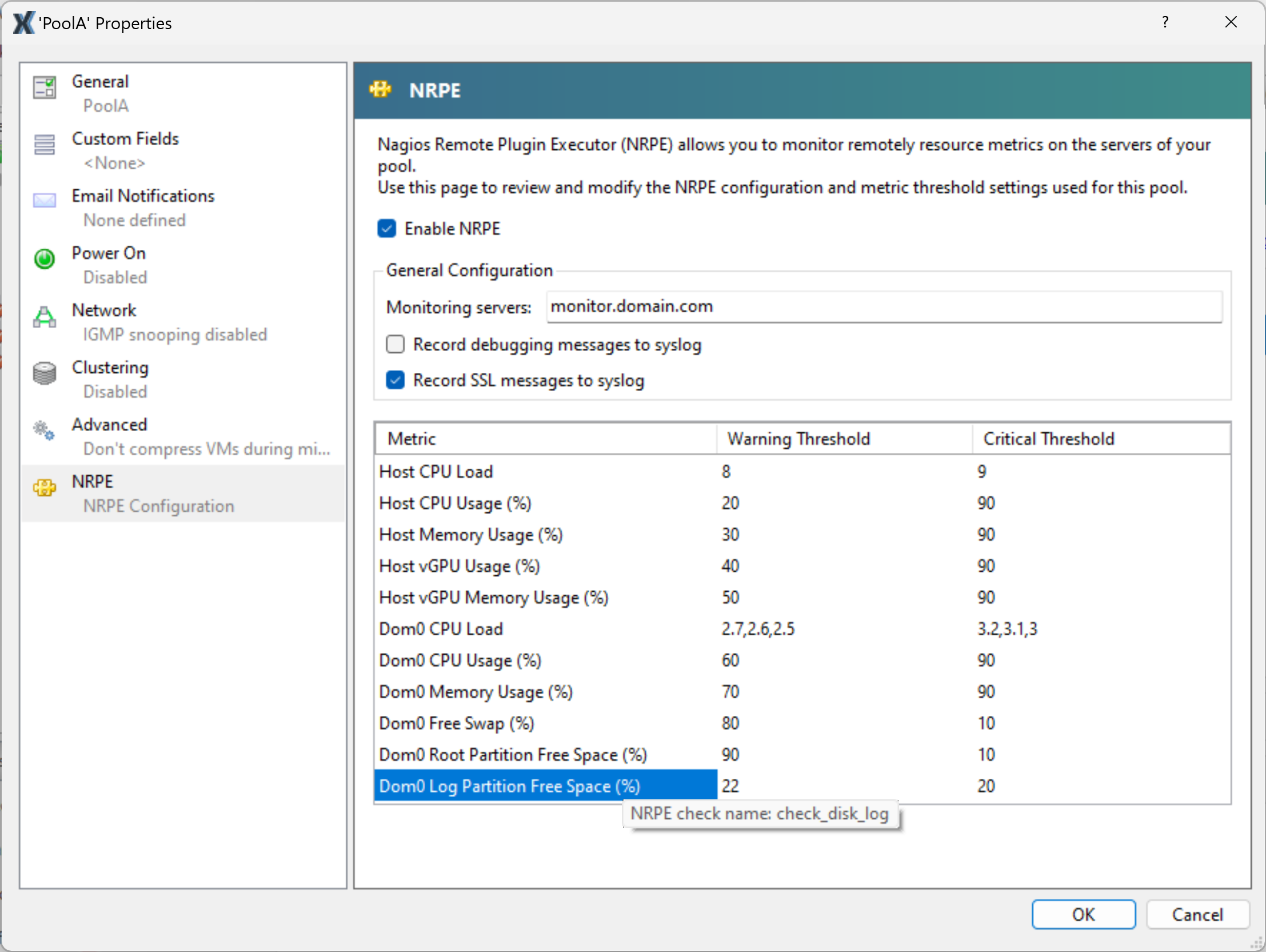 Use XenCenter to configure NRPE settings for your host