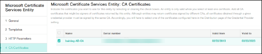 Certificates configuration screen