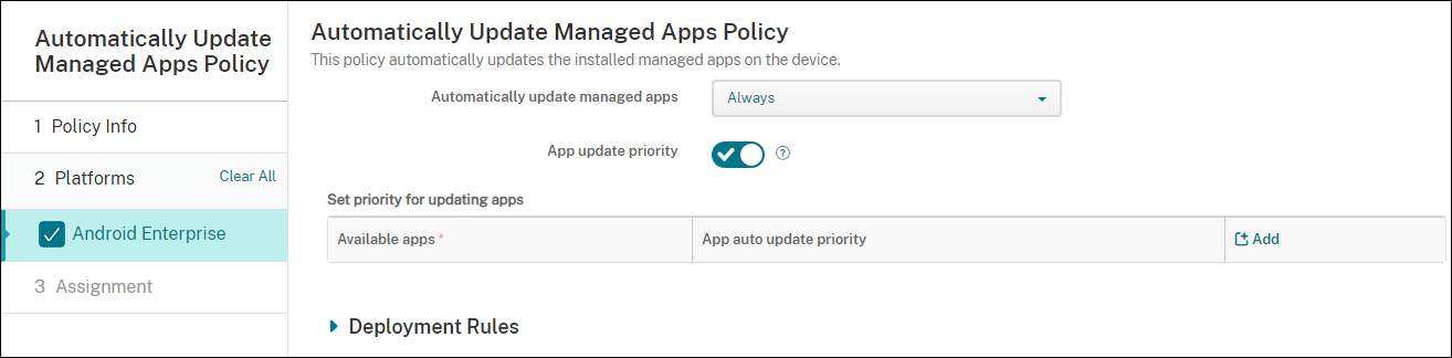 Pantalla de configuración Directivas de dispositivo