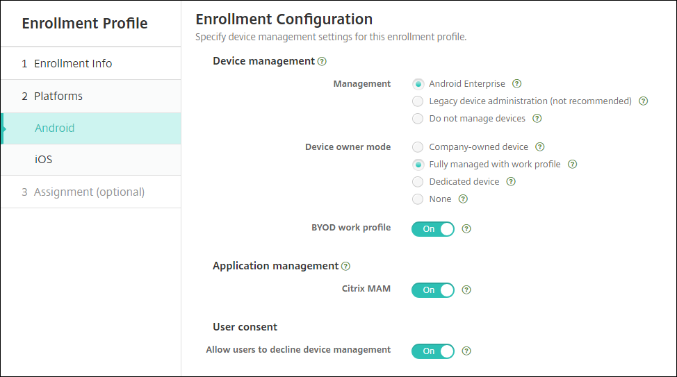 Enrollment Profiles configuration screen