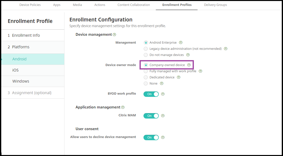 Enrollment Profiles configuration screen
