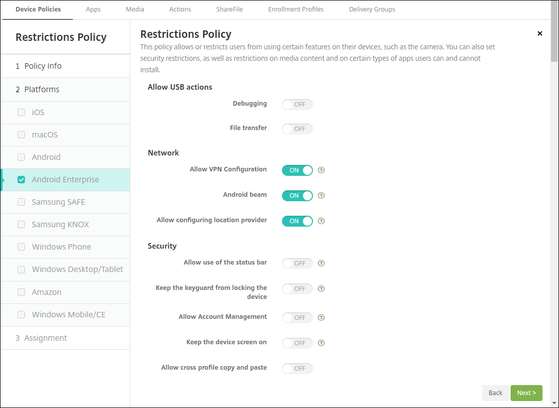 Android Enterprise restriction policy
