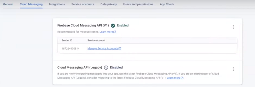 API Cloud Messaging (ancienne version) désactivée