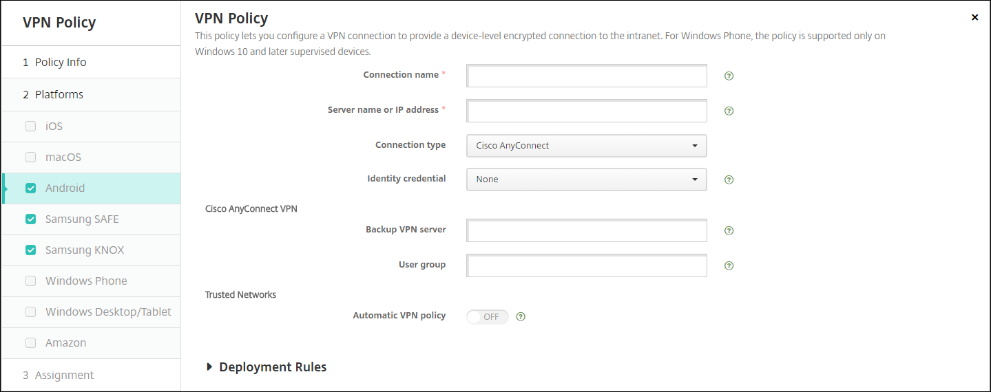 Écran de configuration Stratégies d’appareil