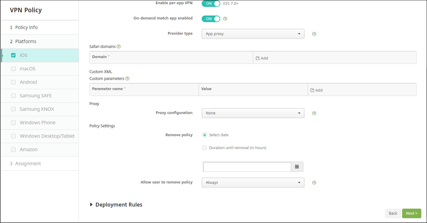 Device Policies configuration screen