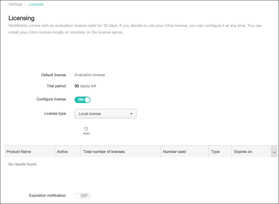 Imagem da tela de configuração de licenças