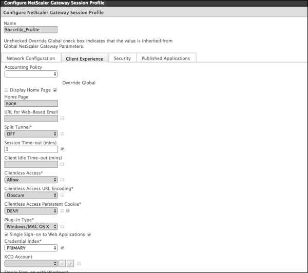 Tela de perfil de sessão do Citrix Gateway