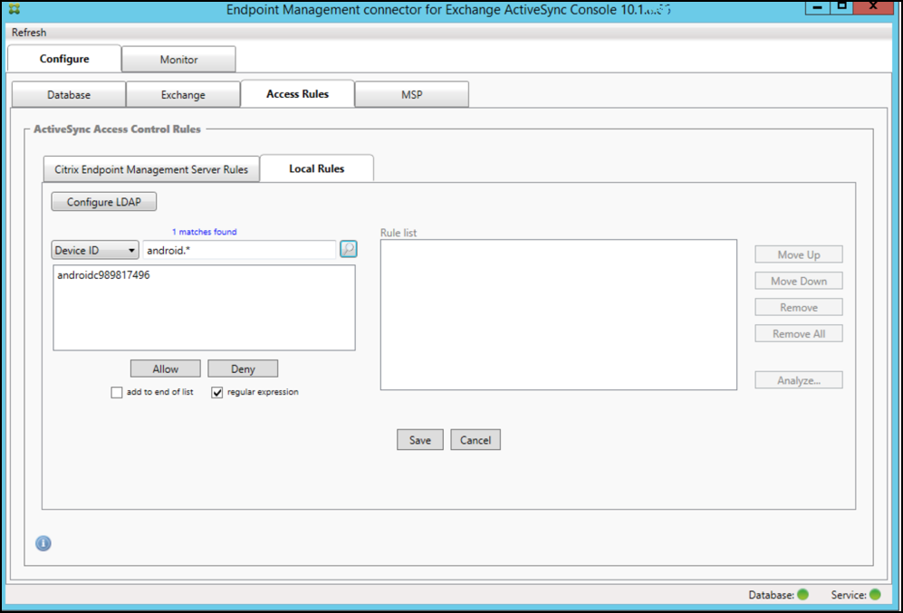 Imagem da página do console do conector de Endpoint Management para Exchange ActiveSync
