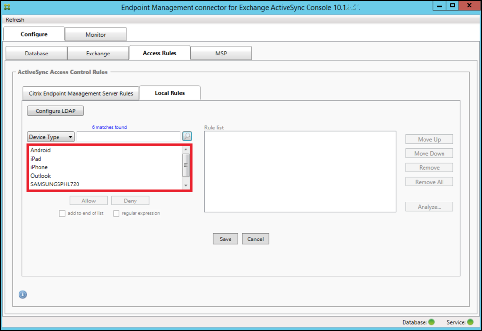 Imagem da página do console do conector de Endpoint Management para Exchange ActiveSync