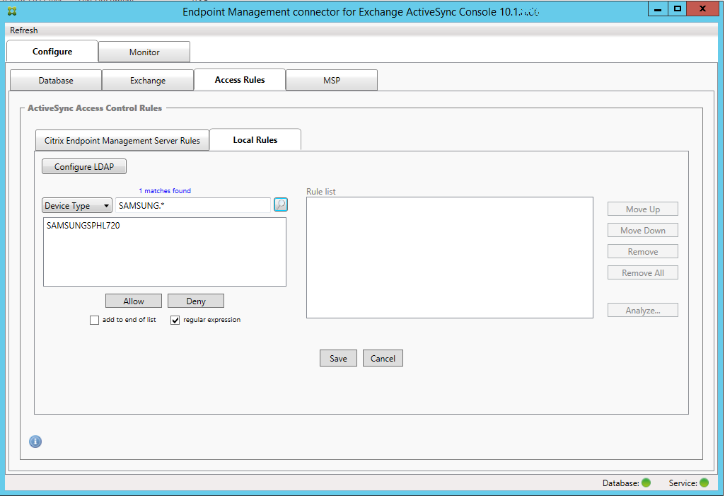 Imagen de la página de la consola del conector de Endpoint Management para Exchange ActiveSync